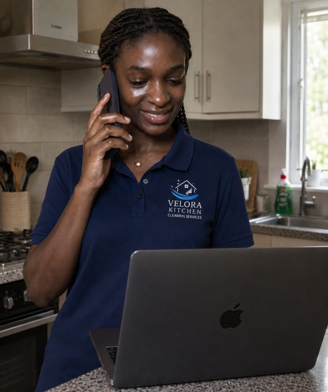 A professional Velora concierge representing premium home services and quality care.